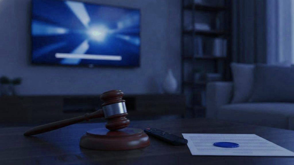 A judge gavel, a streaming remote and a sealed document on a coffee table in front of a TV