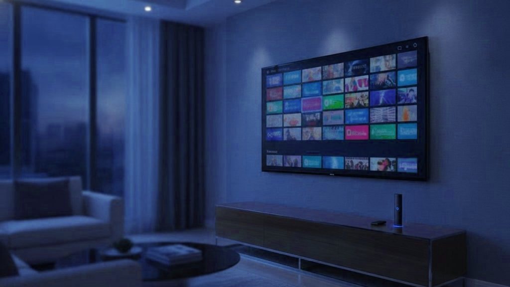 A living-room TV showing an IPTV channel guide with a streaming stick on the console